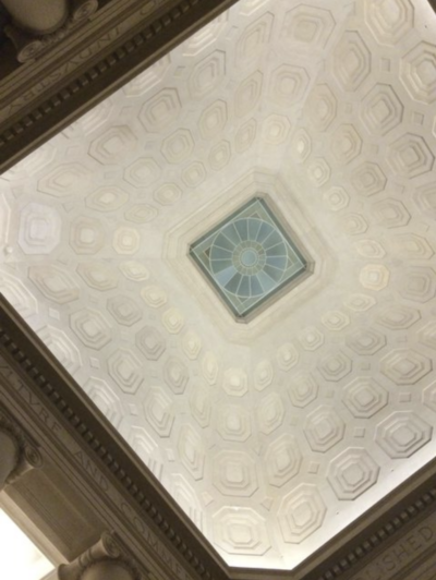 Photo looking up into Lobby 7, taken from the floor. Nothing is particularly visible, other than the usual architecture.